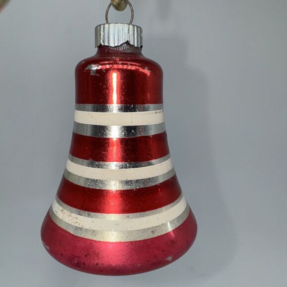 Auth Vintage Shiny Brite Striped Bell Glass Ornament 3" Pink Red Silver White - Picture 7 of 9